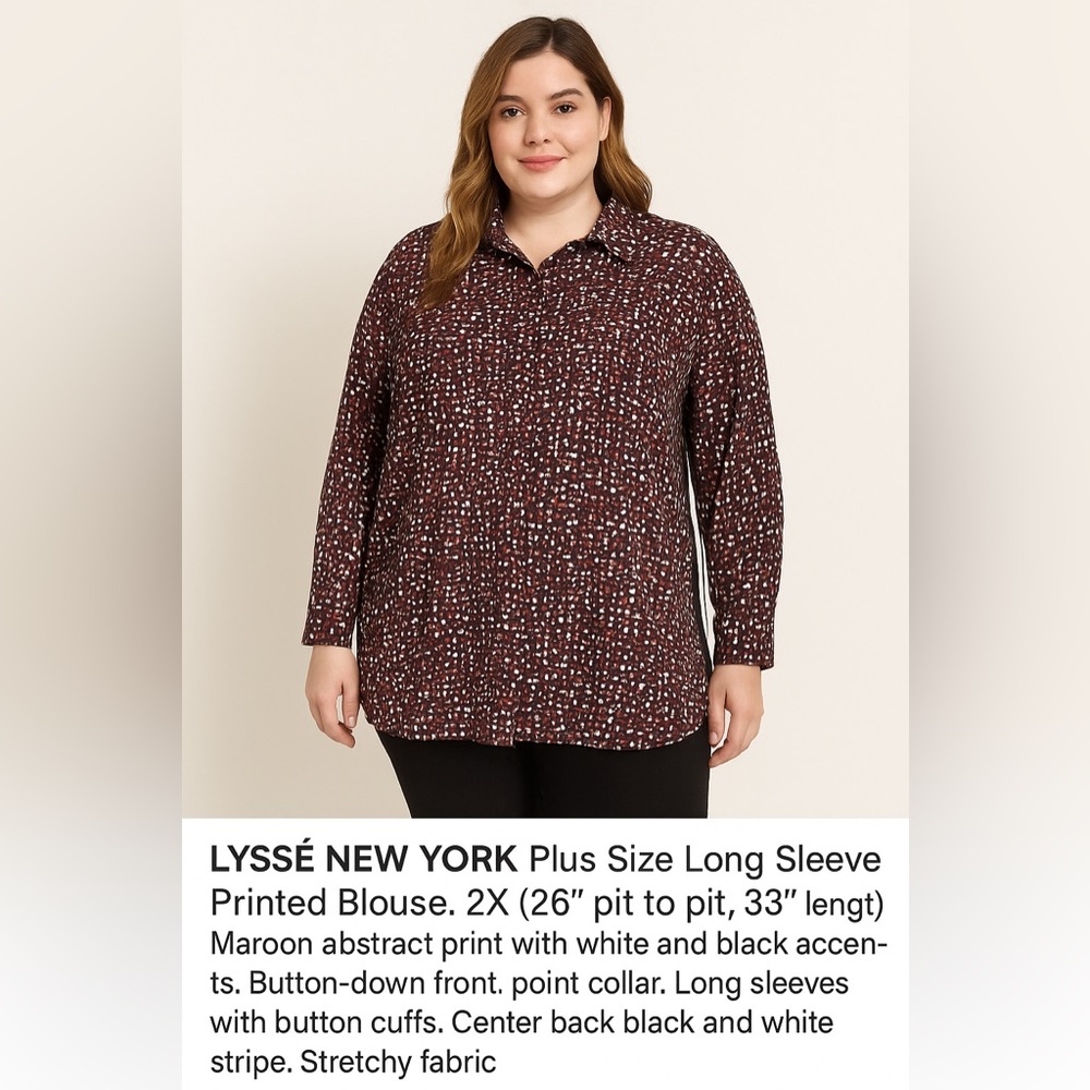 Lysse maroon abstract plus size roll tab sleeves 2x top